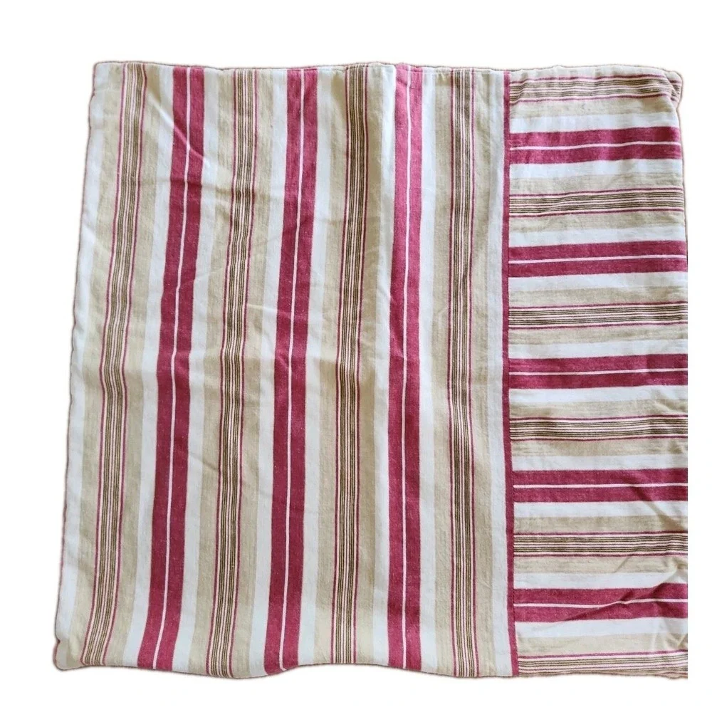 1/Pottery Barn 22X 22in Pillow Cover Red Tan Linen Blend Ticking Striped Zipper